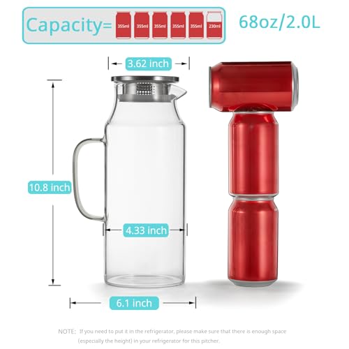 2 Liter 68 oz Glass Pitcher with Lid and Handle
