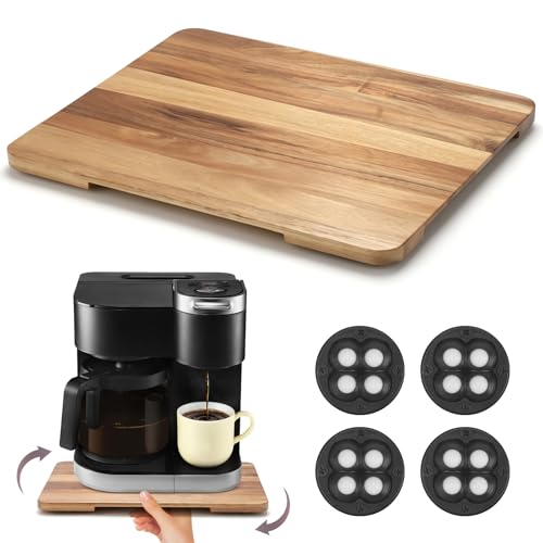 360°Rolling Tray Acacia Wood Kitchen Appliance Slider for Coffee Maker Pot