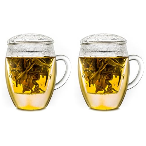 2x All-In-One Tea Glass with integrated Glass Filter and Lid - 14oz (400ml) (2 Count)