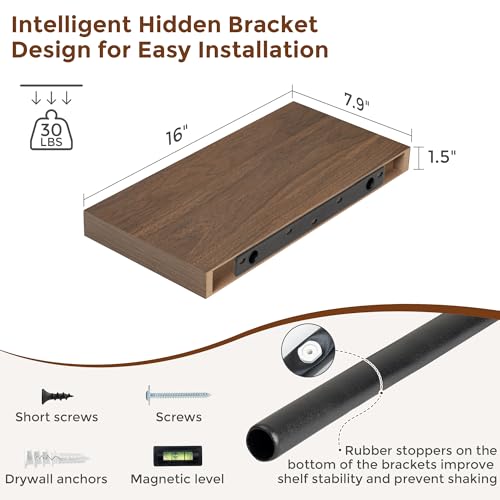 16 Inch Floating Shelves for Wall Walnut Shelves Set of 2 (2 Count)