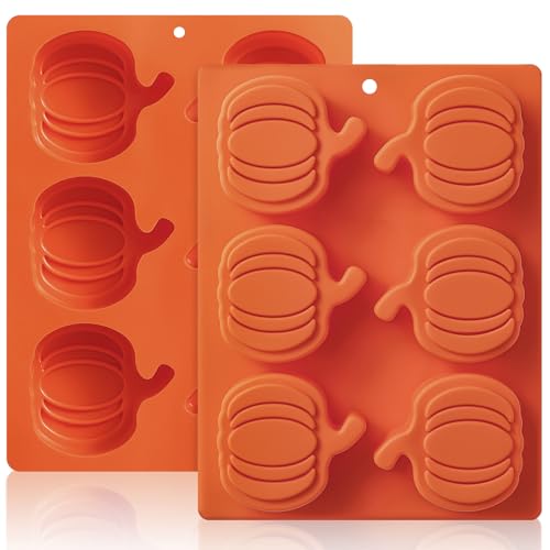Pumpkin Silicone Molds 2 Pack 6 Cavity Halloween Mold Set for Fall Chocolate Candy Soap Wax Melts Jello Cake Pop Apple Cider Baking Tray Thanksgiving 3D Food Grade Spooky Treats (12 Count)