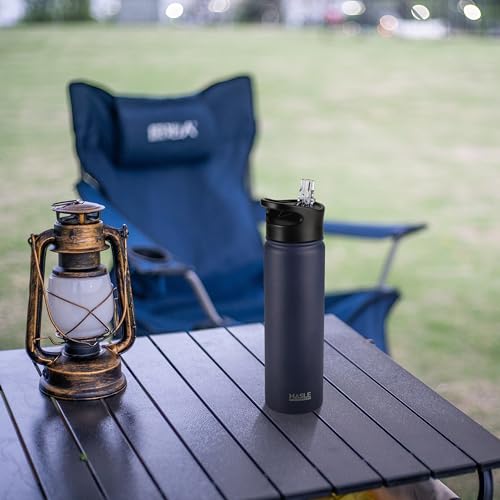Insulated Water Bottle 22 oz Double Wall Stainless Steel Water Bottle Wide Mouth with Straw Lid & Spout Lid Keeps Cold or Hot