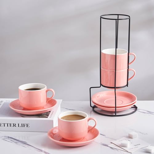8 Ounce Porcelain Stackable Cappuccino Cups and Saucers Set of 4 (4 Count)