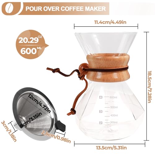 Pour Over Coffee Maker 600ml with 304 Stainless Steel Filter Wooden Collar Holder Borosilicate Glass Drip Coffeemaker Server Set Clear Hand Brew Dripper Carafe for Home Camping Travel 20.3oz