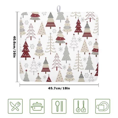 Christmas Tree Dish Drying Mat for Kitchen Counter Christmas Pine Tree Dish Drying Mat 16x18 Inch Geometric Winter Dish Draining Mat Absorbent Reversible Dish Pad Kitchen Accessories Table Protector