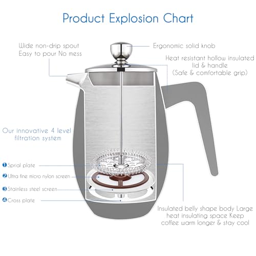 Nando French Press 34 oz Double Wall Insulated Thermal Coffee Maker