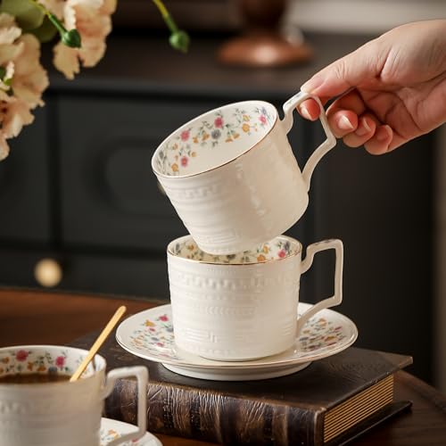 Country Roses Porcelain Tea Cup and Saucer Set with Gold Trim