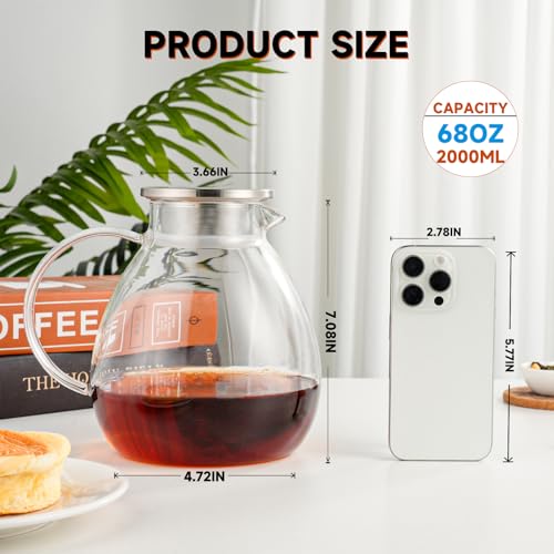 68OZ 2000ML One Touch Glass Teapot with Stainless Steel Filter Lid