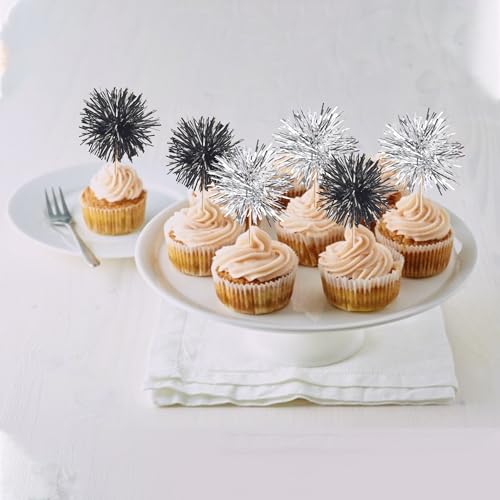 40 PCS Foil Firework Cupcake Toppers Sparkle Tinsel Cupcakae Picks Foil Firework Party Decorations Cocktail Fruit Toothpick for Fireworks Theme Birthday Wedding Graduation Party Decor Black Silver (40 Count)