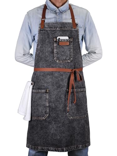 Black Denim Grill Apron with Pockets & Towel Loop for Men Women