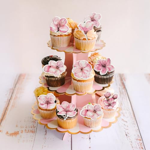 50Pcs Edible Flowers Cake Topper Cupcake Toppers Wedding Themed Party Baby Shower Birthday Party Cupcake Picks Anniversary Party Decorations Supplies Pink (50 Count)