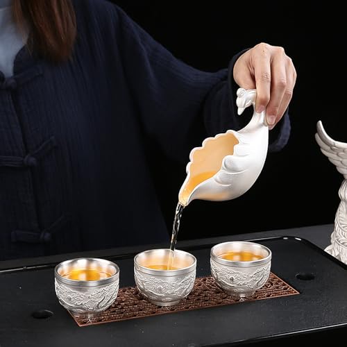 10 13 Pcs Silver Tea Set with Metal Holder and Spoon Adult Silver Tea Party Set Automatic Water Outlet with Gift Box Teapot Cup Set for Women 4
