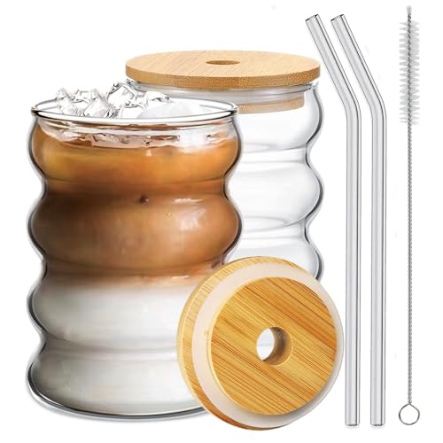 2 Pcs Drinking Glasses with Bamboo Lids and Glass Straw 14oz Glassware Set (5 Count)