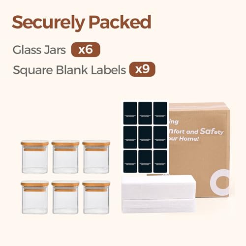 Square Glass Spice Jars with Labels 4 oz 6 Pack with Bamboo Lids (6 Count)