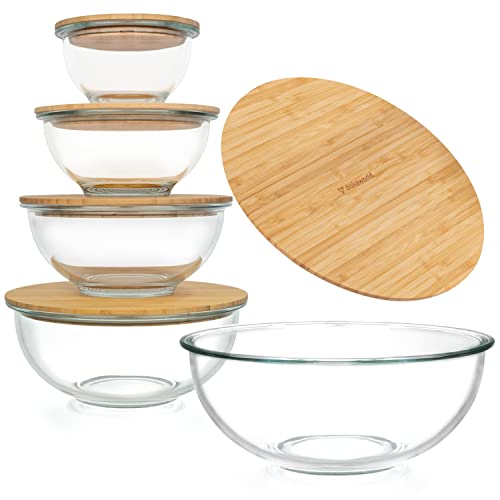 Stackable Glass Mixing Bowls with Bamboo Lids Set of 5