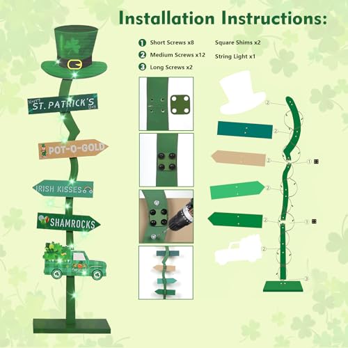 43.8" Lighted Wooden St. Patrick's Day Porch Sign Leprechaun Hat Shamrock Irish Train Standing Signs With Base For Indoor Outdoor Yard Decor