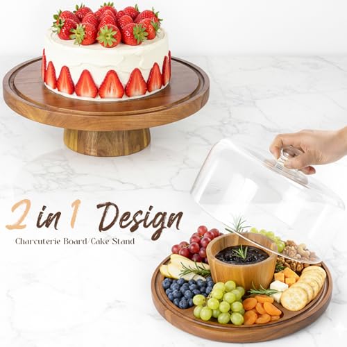 12 Inch Acacia Wood Cake Stand with Glass Lid