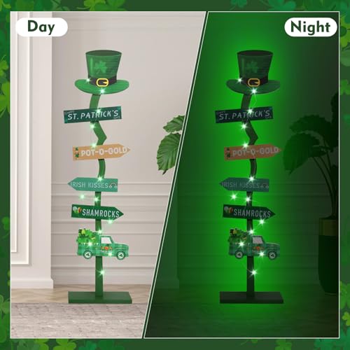 43.8" Lighted Wooden St. Patrick's Day Porch Sign Leprechaun Hat Shamrock Irish Train Standing Signs With Base For Indoor Outdoor Yard Decor