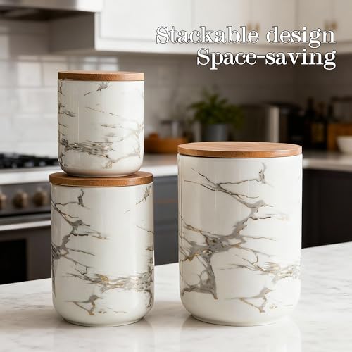 White Marble Ceramic Canister with Bamboo Lid (3 Count)