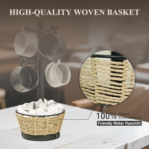 Wood Mug Holder Tree With Woven Basket