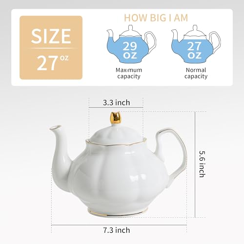 27oz White Porcelain Teapot with Gold Trim