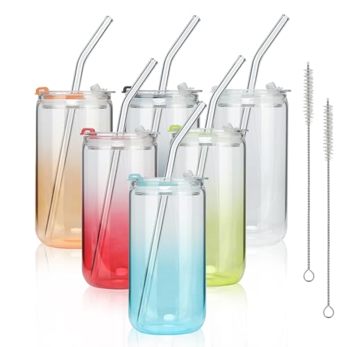 6pcs Glass Cups with Lids And Straws