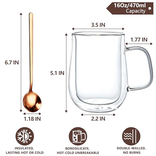 Double Walled Glass Coffee Mugs 16 OZ (4 Count)
