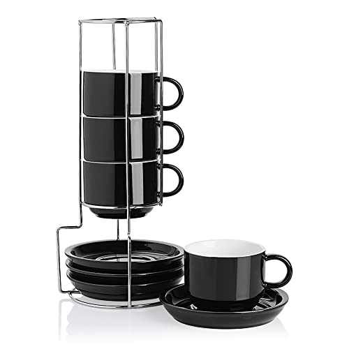 Sweejar Porcelain Cappuccino Cups with Saucers and Metal Stand (4 Count)