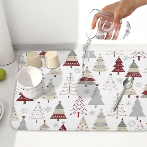 Christmas Tree Dish Drying Mat for Kitchen Counter Christmas Pine Tree Dish Drying Mat 18x24 Inch Geometric Winter Dish Draining Mat Absorbent Reversible Dish Pad Kitchen Accessories Table Protector