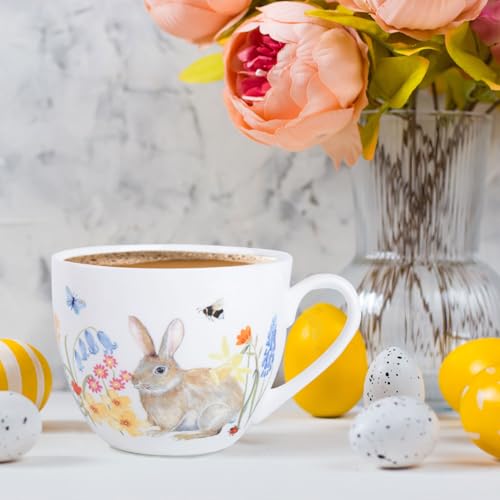 20 oz Bunny Coffee Mug with Spring Flowers & Happy Days Slogan