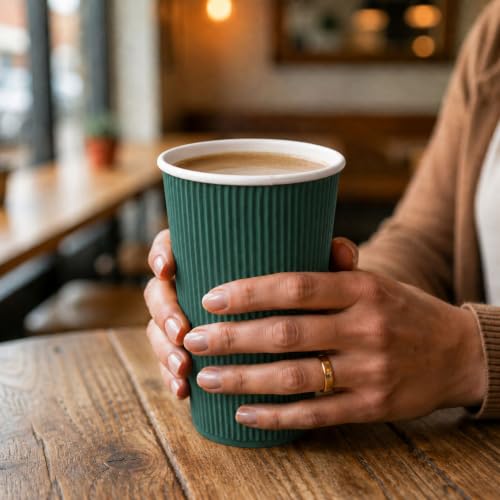 Ripple Wall Coffee Cups 25 Count 16 Ounce Insulated Forest Green Paper Cups