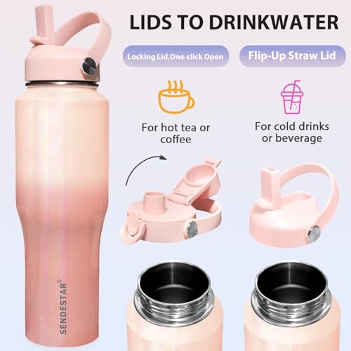32oz Water Bottle Wide Mouth Stainless Steel Vacuum Insulated Double Wall with 2 Straw Lids Fit in Any Car Cup Holder