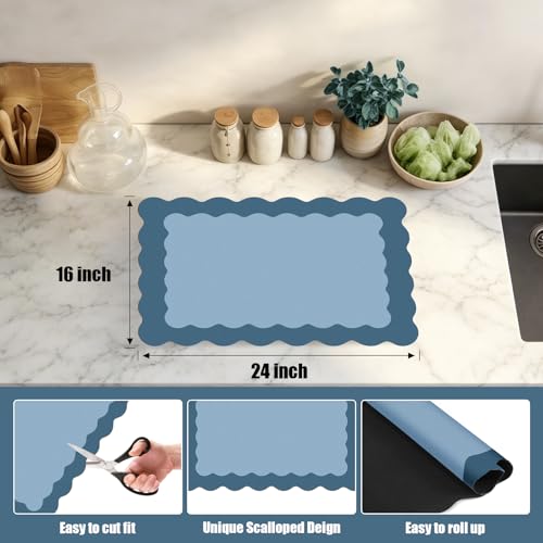 Blue Scalloped Coffee Mat for Countertop Coffee Bar Mat Matt