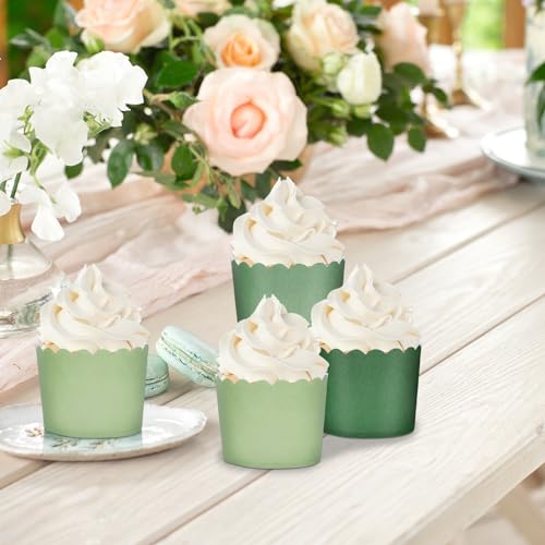 120Pcs Sage Green Paper Baking Cups Scalloped Edge Cupcake Wrappers Gradient Green Cupcake Muffin Cases for Wedding Birthday Baby Shower (120 Count)