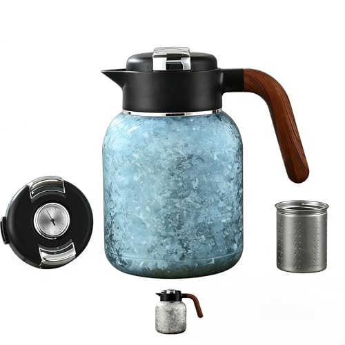 51oz (1500ml) Titanium Teapot with Infuser & Lid,Accurate temperature measurement, Ice-Flake Pattern Large capacity coffee kettle, Wooden Handle water bottle,Gift Box Set(blue)