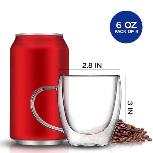 Set of 2 Double Walled Glass Coffee Mugs 6 Ounces Insulated Layer Coffee Cups with Handle Borosilicate Glass Espresso Cup for Hot Beverage (2 Count)