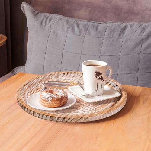 Rustic Wooden Serving Tray Set of 2 Round Wood Decorative Tray Centerpiece Dining Room Table Farmhouse Platter for Food (2 Count)