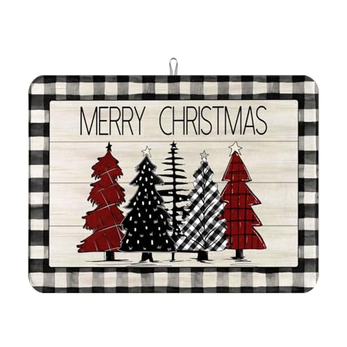 Christmas Tree Dish Drying Mat Buffalo Plaid Merry Christmas Absorbent Kitchen Drying Mat Polyester Dish Drying Pad for Kitchen Counter Farmhouse Coffee Bar Decor