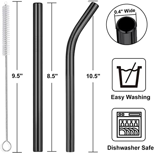 4 Pack Black 0.4" Wide Bore Reusable Stainless Steel Smoothie Straws (4 Count)