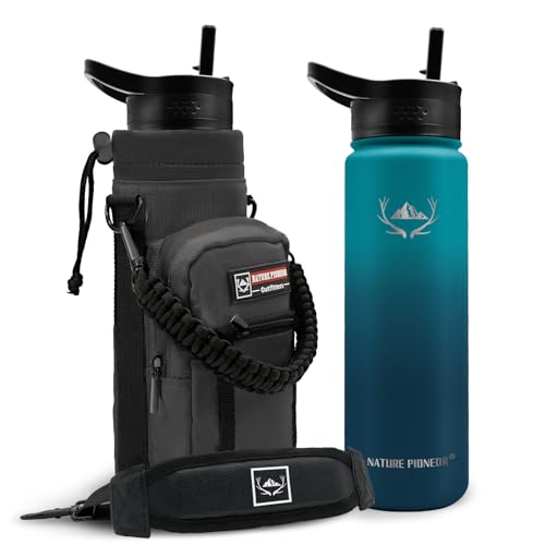 24 oz Insulated Water Bottle with Carrier Bag & 3 Lids