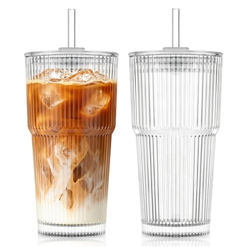 20oz Ribbed Glass Tumblers with Lids and Straws