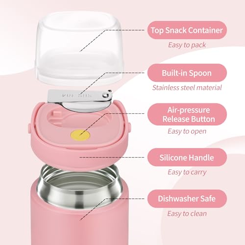 2-in-1 Thermos for Hot Food with Snack Box Container - 20oz Stainless Steel Insulated Food Container with Handle and Spoon, Leak Proof Bento Box Kids Adult for School Lunch Office, Pink
