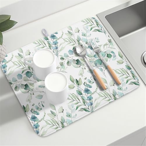 Sage Green Leaves Dish Drying Mats for Kitchen Counter 18x24 Inch