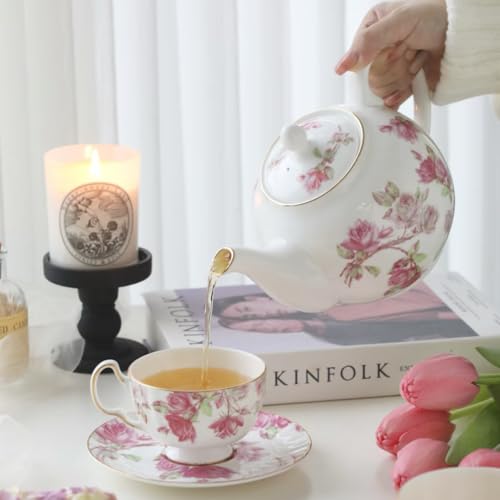 Gold Plated Red Rose Ceramic Tea Set Elizabeth Vintage Tea Sets with Teapot Coffee Serving For Women and Tea Parties