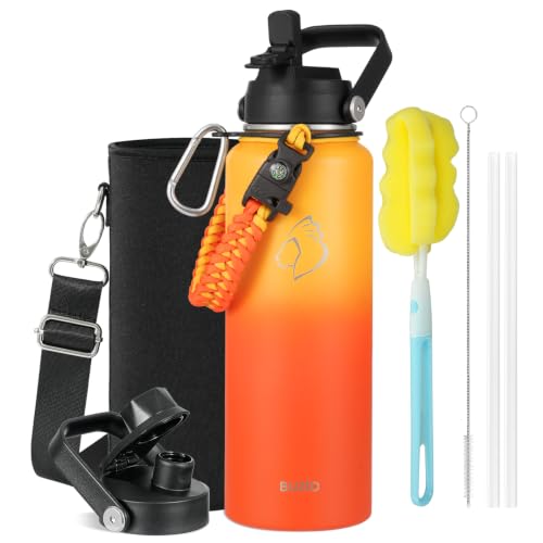 40 oz Insulated Water Bottle with Paracord Handle & Straw Spout Lids