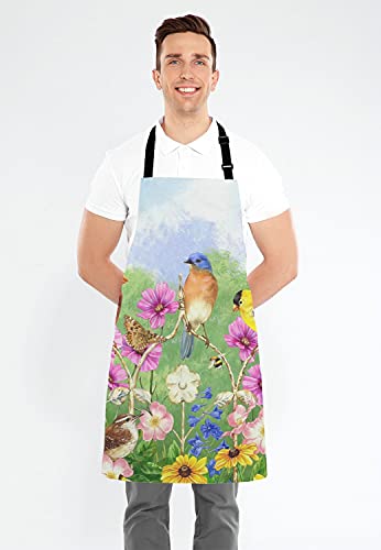 Birds Flowers Butterfly Bib Apron with Adjustable Neck for Men Women