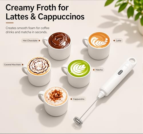 Rechargeable Milk Frother Handheld 3 Speed Coffee Foamer [3 Whisk] Electric Drink Mixer for Latte