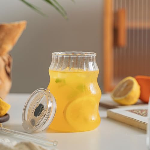 Ribbed Glass Cups with Lids and Straws