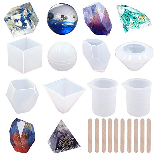 18Pcs DIY Silicone Resin Casting Molds Tools Set Includes 6 Resin Casting Molds Large Clear Silicone Molds 2 Measurement Cup 10 Wood Sticks for DIY Home Decoration