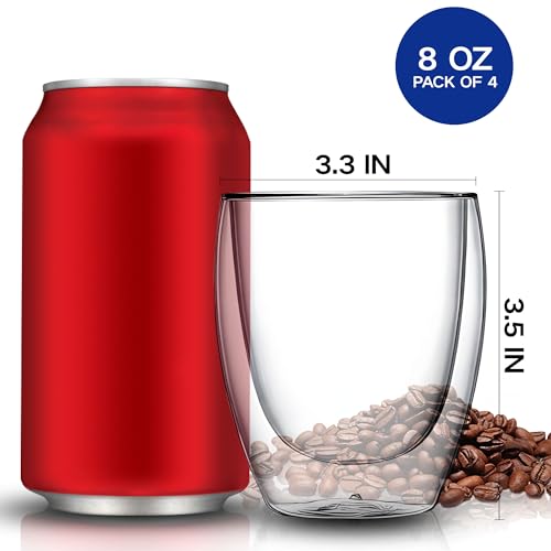 Set of 4 Double Walled Glass Coffee Mugs 8 Ounces Insulated Layer Coffee Cups Borosilicate Glass Espresso Cup for Hot Beverage (4 Count)